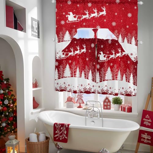 Christmas Reindeer Window Curtain Set with Valances - Red & White, 3 Pieces, 27.5"W x 36"L, Holiday Decor