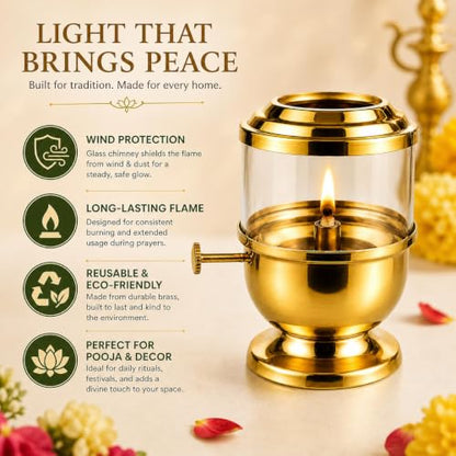 Pure Brass Akhand Jyot Diya with Borosilicate Glass Cover - 96-Hour Burn Time, 450ml