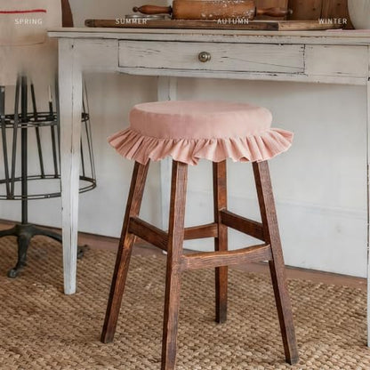 Farmhouse Linen Bar Stool Covers with Ruffles 12/14 Inch Camel - Set of 2