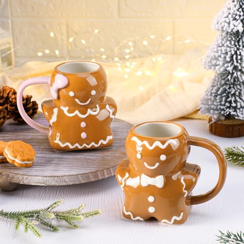 Gingerbread Man Christmas Ceramic Mug Set - 14 oz, 3D Holiday Coffee Cups