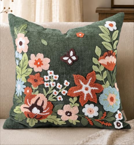 Embroidered Chenille Throw Pillow Cover 18x18 Inch - Green Garden - Pack of 1