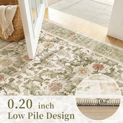 Beige Sage 2x8 Washable Non-Slip Floral Runner Rug - Vintage Boho Hallway Mat