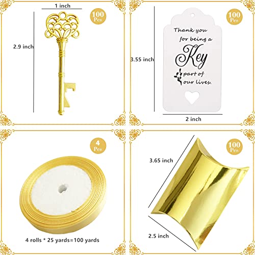 Gold Skeleton Key Bottle Opener Party Favors for Wedding Guests - 100 PCS