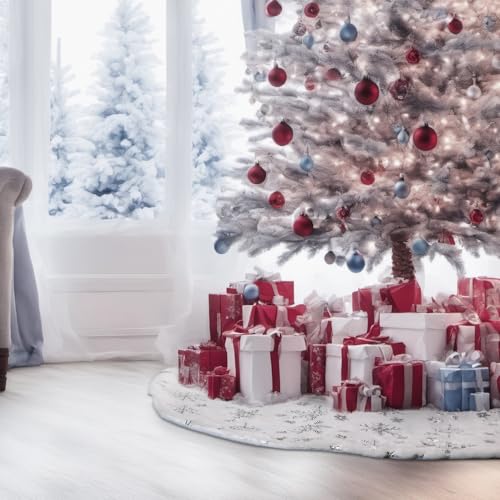 Christmas Tree Skirt 36 Inch Silver Snowflake Faux Fur Winter Decor - Fits Large Artificial Trees