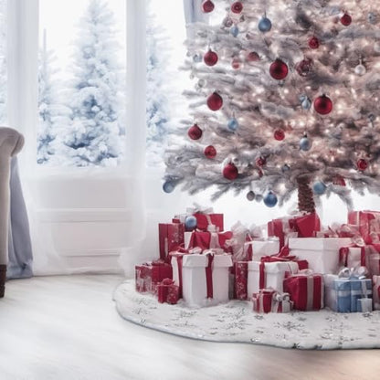 Christmas Tree Skirt 36 Inch Silver Snowflake Faux Fur Winter Decor - Fits Large Artificial Trees