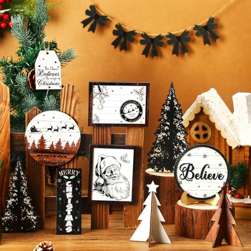 FairySandy Christmas Tiered Tray Decor Set Santa Style 15 Pcs Wooden Signs