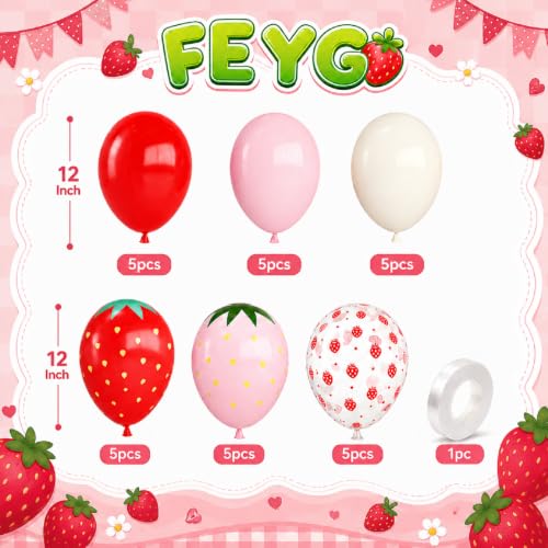 Pink and Red Strawberry Balloons Set - 12 Inch Party Decor, 30 Pieces