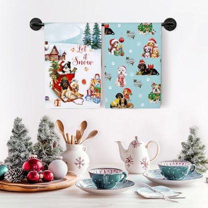 Colorful Dogs Tea Towels Set of 2 - 100% Cotton Christmas Kitchen Decor
