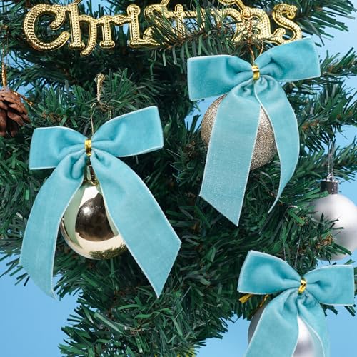 Blue Velvet Christmas Bows for Tree & Decorations - 24 pcs, 3.5x3.5 inch, Holiday Ornaments with Twist Ties - Blue