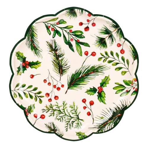 Holly Berry Christmas Paper Plates - 7 Inch Scalloped Holiday Party Disposables