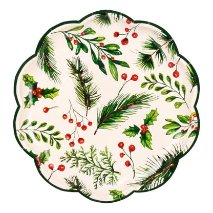 Holly Berry Christmas Paper Plates - 7 Inch Scalloped Holiday Party Disposables