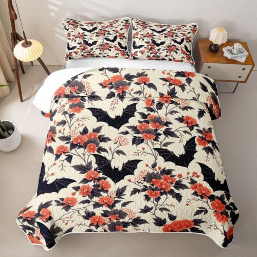 Black Red Gothic Bat Quilt Set King Size Bedspread Coverlet All Season Bedding