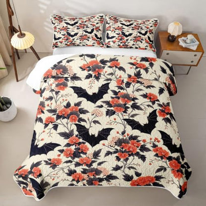 Black Red Gothic Bat Quilt Set King Size Bedspread Coverlet All Season Bedding