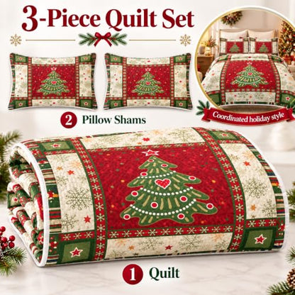 Christmas Quilt Set Queen - Red 3-Piece Tree Bedspread & Pillow Shams - Seasonal Bedding