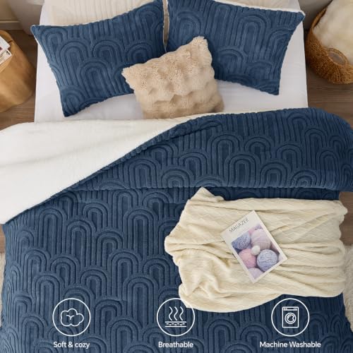 Arch Navy Sherpa Comforter Set Queen - Warm & Fluffy Bed Bedding
