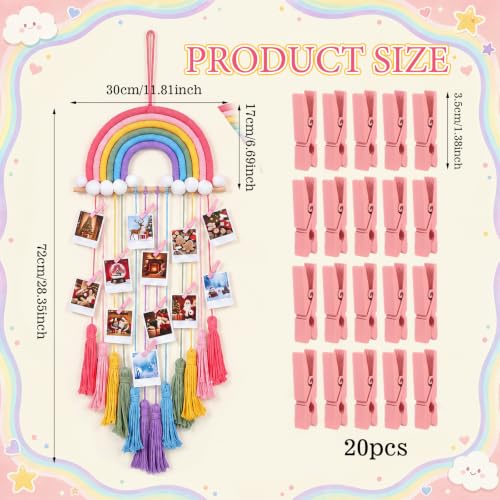 Rainbow Macrame Photo Display with LED String Lights - Boho Wall Decor