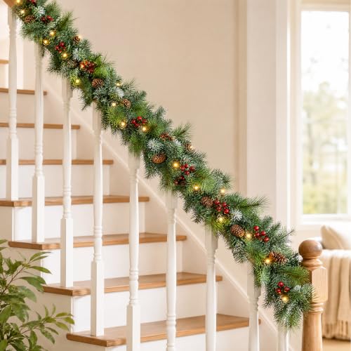 9ft Artificial Christmas Garland with Lights, Pine Cones & Red Berries