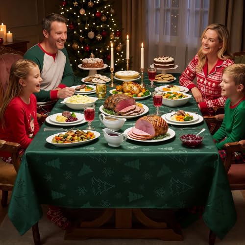 NOVILYS Green Christmas Jacquard Rectangle Tablecloth 60 x 84 Inches - Festive Holiday Decor