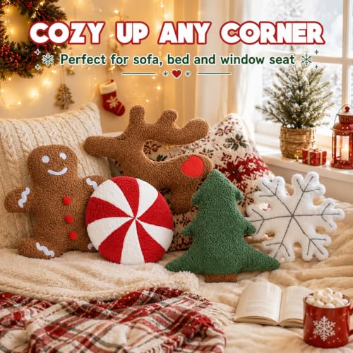 Christmas Throw Pillows 5 Pack - Cute Xmas Tree Candy Gingerbread Reindeer Snowflake Plush Decor - Variation of THIS listing