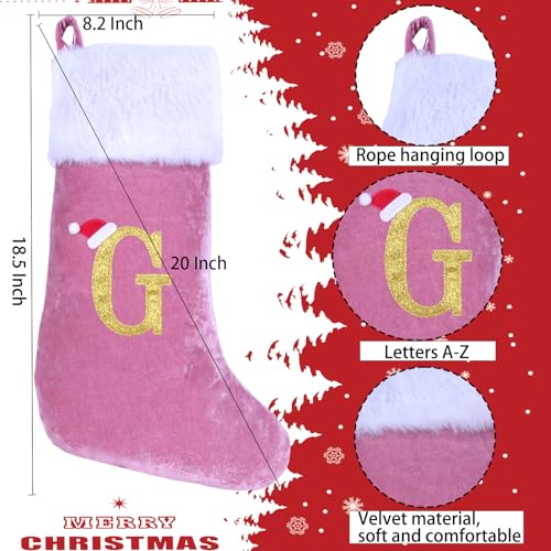 Pink Velvet Christmas Stocking with White Plush Cuff - Letter G Monogram, 20 Inch Holiday Decor
