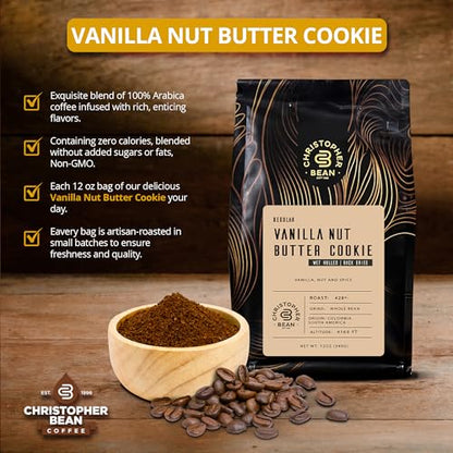 Christopher Bean Coffee - Vanilla Nut Butter Cookie Flavored Coffee, (Regular Ground) 100% Arabica, No Sugar, No Fats, Made with Non-GMO Flavorings, 12-Ounce Bag of Regular Ground coffee