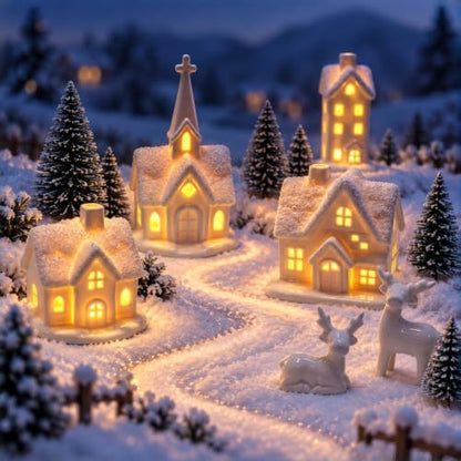 Indoor Christmas Village Set - 13 Piece White Holiday Scene with Houses and Decor