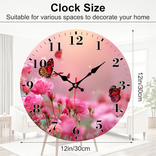 12-Inch Silent Wall Clock - Round Pink Rose Butterfly, Non-Ticking