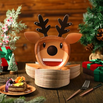 100 Pcs Reindeer Christmas Paper Plates 9.7 Inch Disposable Holiday Dinnerware