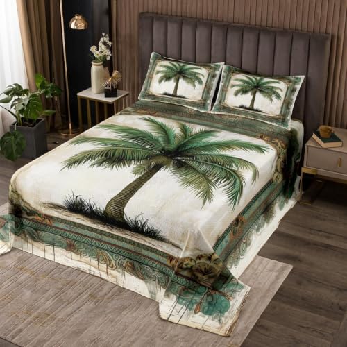 Green Coconut Tree Quilt Set Queen Size Bedspread with Pillowcases - Tropical Decor