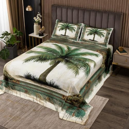 Green Coconut Tree Quilt Set Queen Size Bedspread with Pillowcases - Tropical Decor