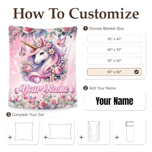 Pink Personalized Unicorn Blanket for Girls - Custom Floral & Butterfly Gift