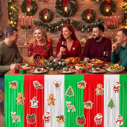 Christmas Table Skirt Set - Red Green White Tinsel Fringe Party Decorations - 4 Pack