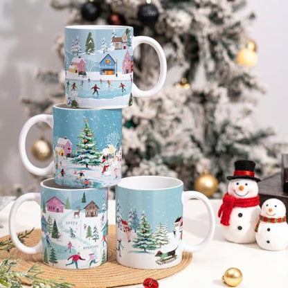 Winter Ice Skating Mug Set - 4 Ceramic Holiday Gift Coffee Cups 11.8 oz