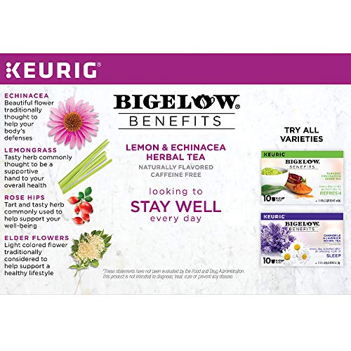 Bigelow Tea Benefits, Stay Well Lemon and Echinacea Herbal Tea Keurig K-Cup Pods, Box of 10, Caffeine Free