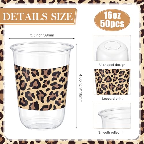 50 Pcs Leopard Print Disposable Plastic Cups for Parties - 16oz, Clear & Leopard Variation