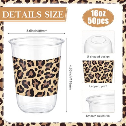 50 Pcs Leopard Print Disposable Plastic Cups for Parties - 16oz, Clear & Leopard Variation