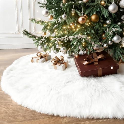 Upgraded White Faux Fur Christmas Tree Skirt - 60 Inch Plush Xmas Base Cover