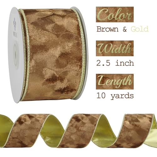 Brown & Gold Velvet Ribbon 2.5 Inch x 10 Yards Wired Christmas Gift Wrap