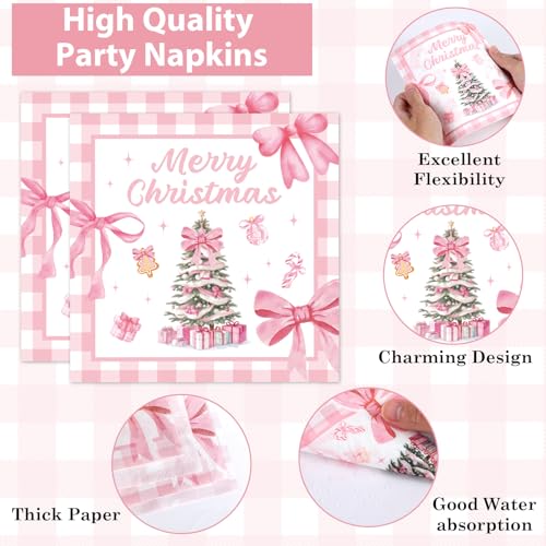 Pink Christmas Party Tableware Set - 96 Pieces for 24 Guests - Bow Plates & Napkins
