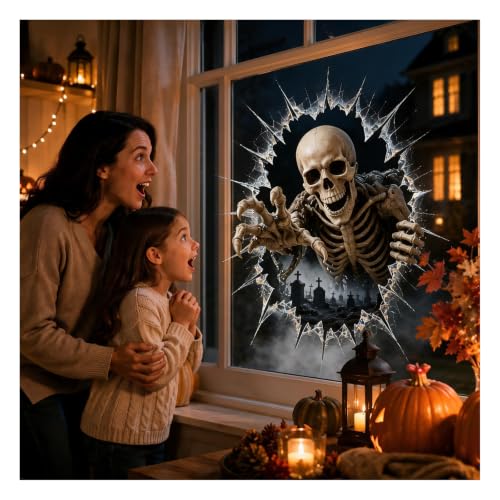 Halloween Window Decorations Cracked Glass Decals with Skull - Spooky 3D Illusion, Removable for Haunted House & Storefronts