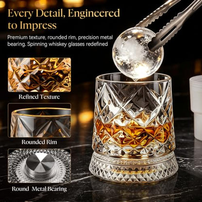 Ice Crackle Pattern Whiskey Glass Set of 4 with LED Light Bases - 9.5 oz, Includes Ice Ball Molds