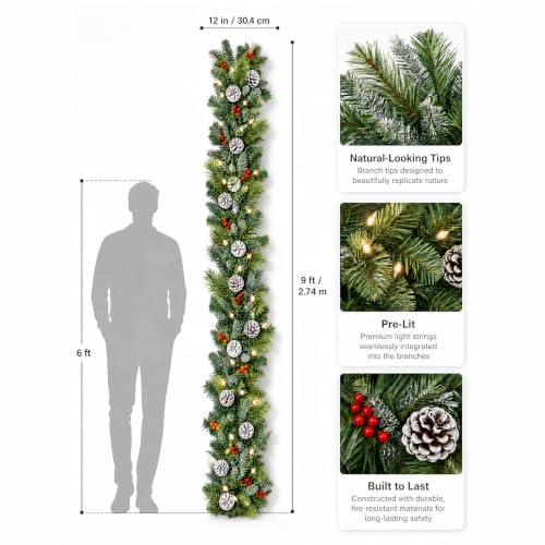 9ft Flocked Artificial Christmas Garland with Lights, Pre-Lit Snow-Frosted Decor