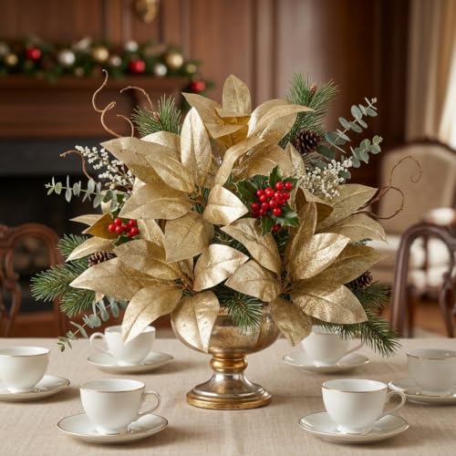 Gold Glitter Magnolia Long Stems - 25.6 Inch Christmas Decor - Set of 3