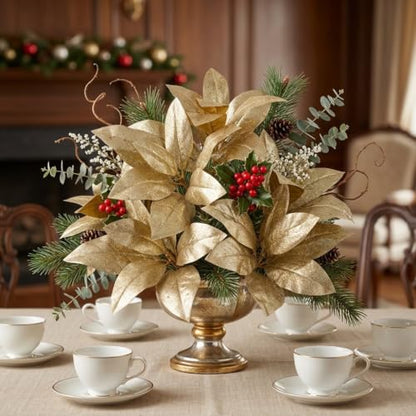 Gold Glitter Magnolia Long Stems - 25.6 Inch Christmas Decor - Set of 3