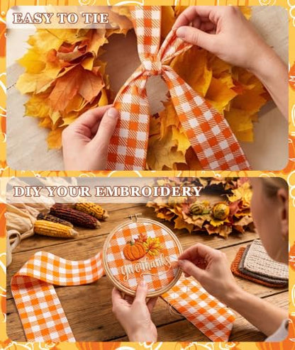 Fall Ribbon Wreath Sash for Front Door Orange Thanksgiving Decor - Variation: Orange Plaid