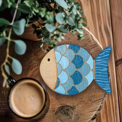 Wooden Fish Coasters Set of 4 Dual-Use Wall & Table Decor Ocean Pattern