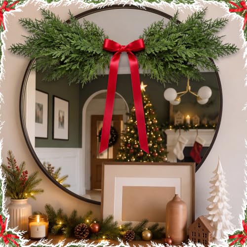 Christmas Cedar Swags Set with Red Bows and Bells - 6 Pcs, 24 Inch