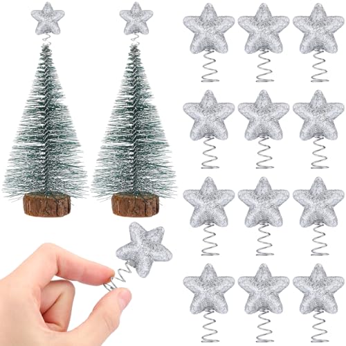 Mini Silver Star Christmas Tree Topper Glitter 12 Pack - Holiday Decor