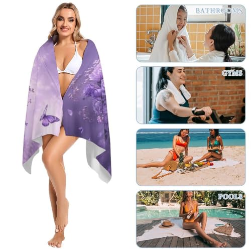 Lavender Blooms and Fluttering Butterflies Oversized Beach Towel 63x31.5 Inches - Soft Absorbent Travel-Ready Bath Towel