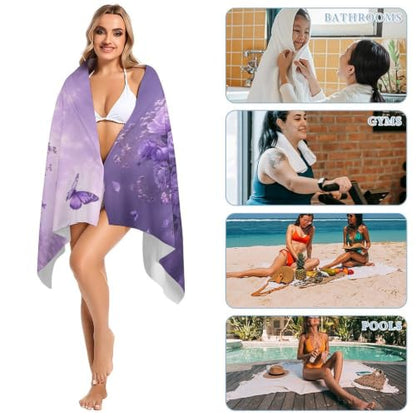 Lavender Blooms and Fluttering Butterflies Oversized Beach Towel 63x31.5 Inches - Soft Absorbent Travel-Ready Bath Towel